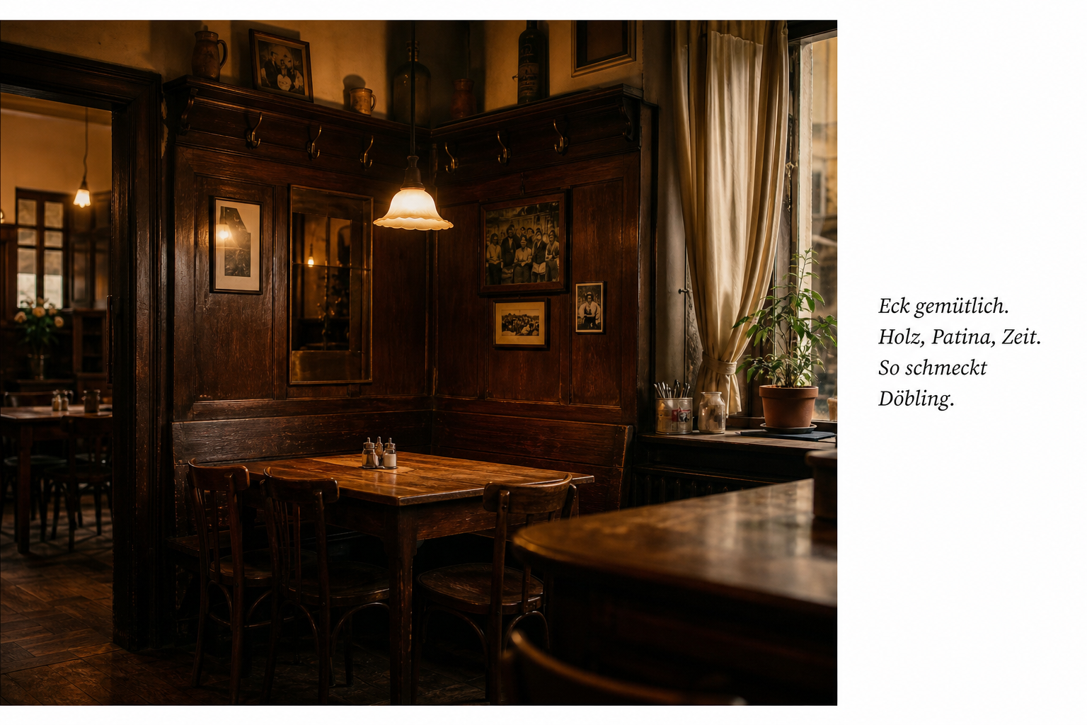 Das Wirtshaus-Interieur &mdash; dunkles Holz, Stammtisch, warmes Licht. Gatterburggasse 4, 1190 Wien.