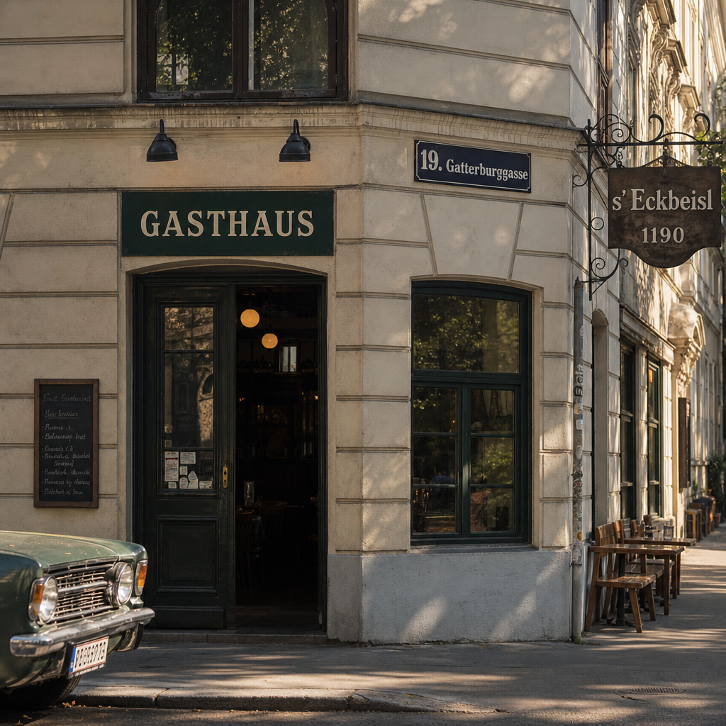 Warmes Interieur des Eckbeisl in der Gatterburggasse — dunkles Holz, gedeckte Tische, echte Gasthausatmosphäre